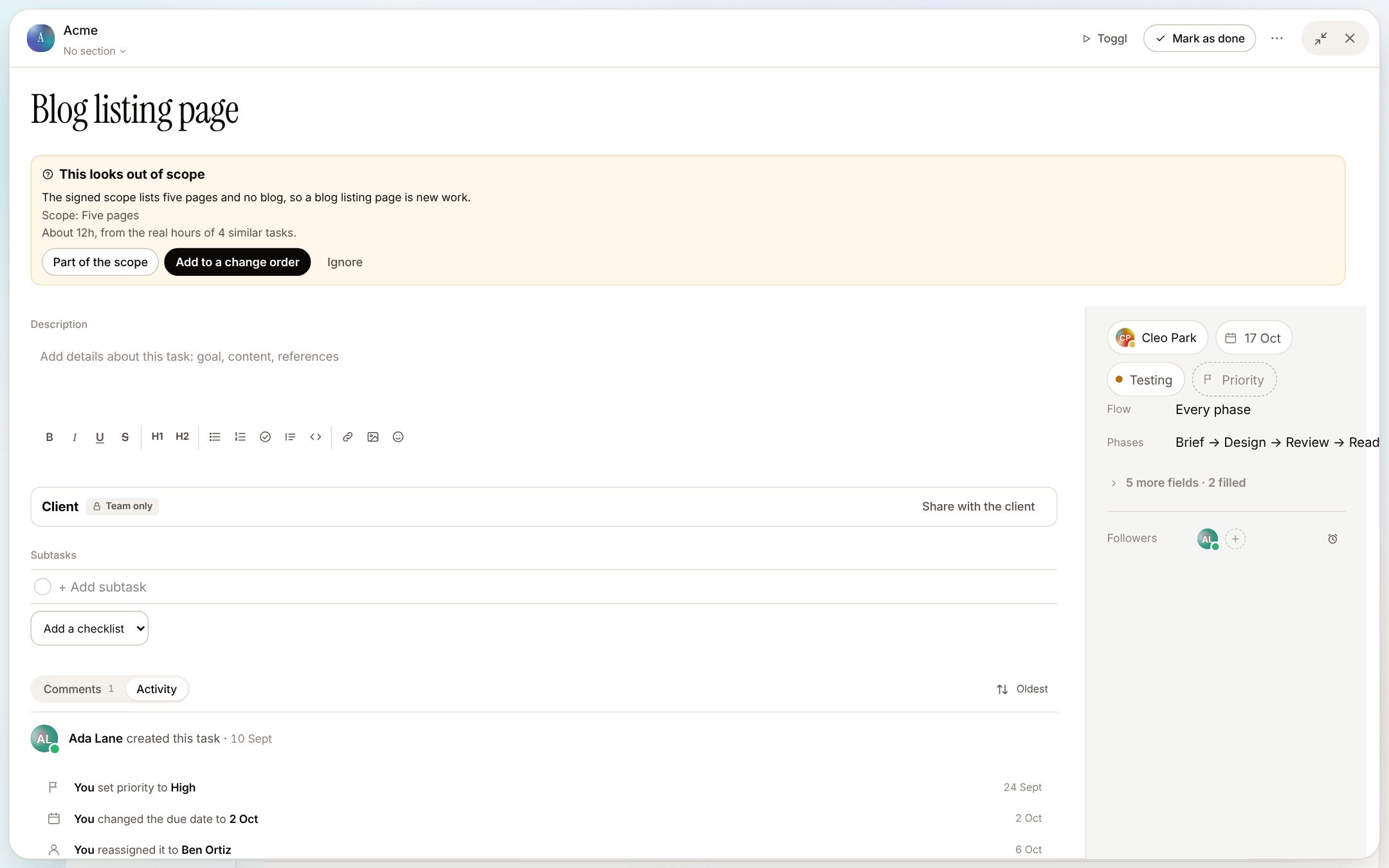 A task called Blog listing page with the note This looks out of scope: the signed scope lists five pages and no blog; about 12 hours from four similar tasks; Part of the scope, Add to a change order, Ignore