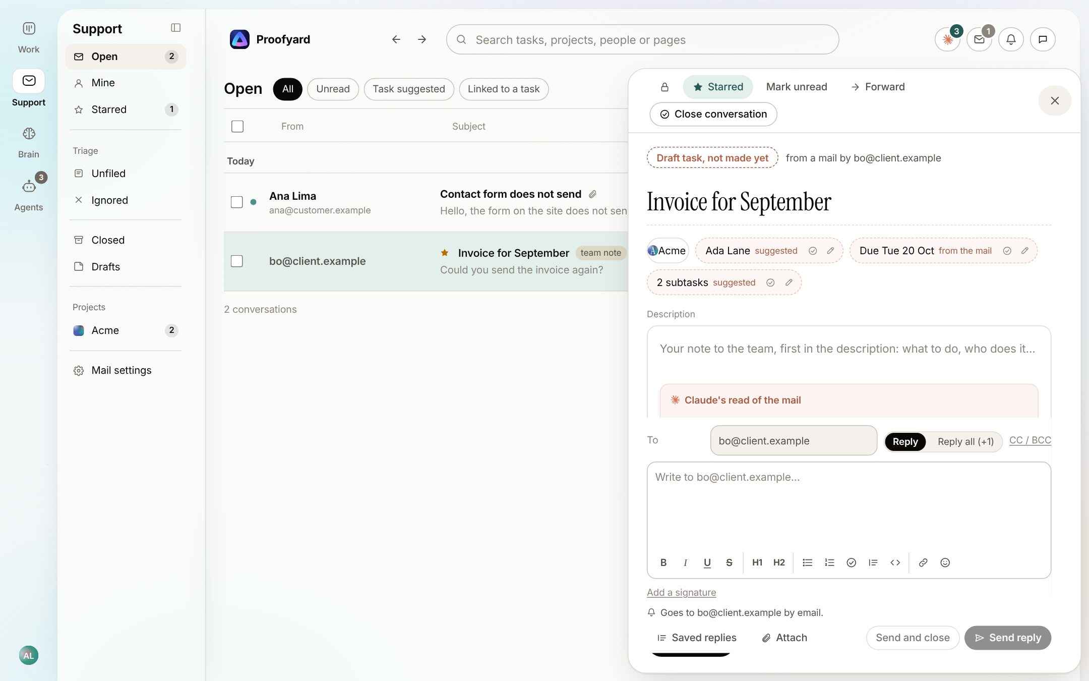 A draft task, not made yet, from a mail asking for the September invoice, with a suggested person, a due date from the mail and two suggested subtasks