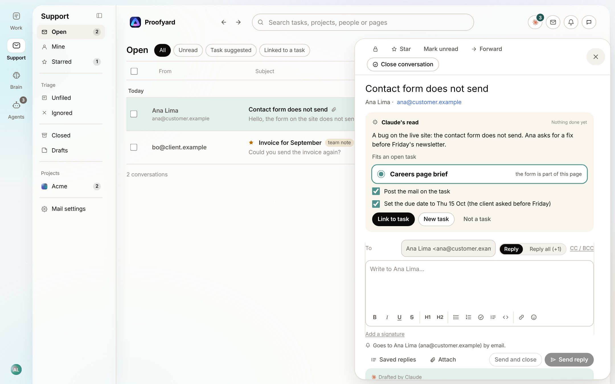 A mail about a contact form with Claude's summary, the open task it belongs to, and ticked suggestions to post the mail on the task and set the due date to Thursday