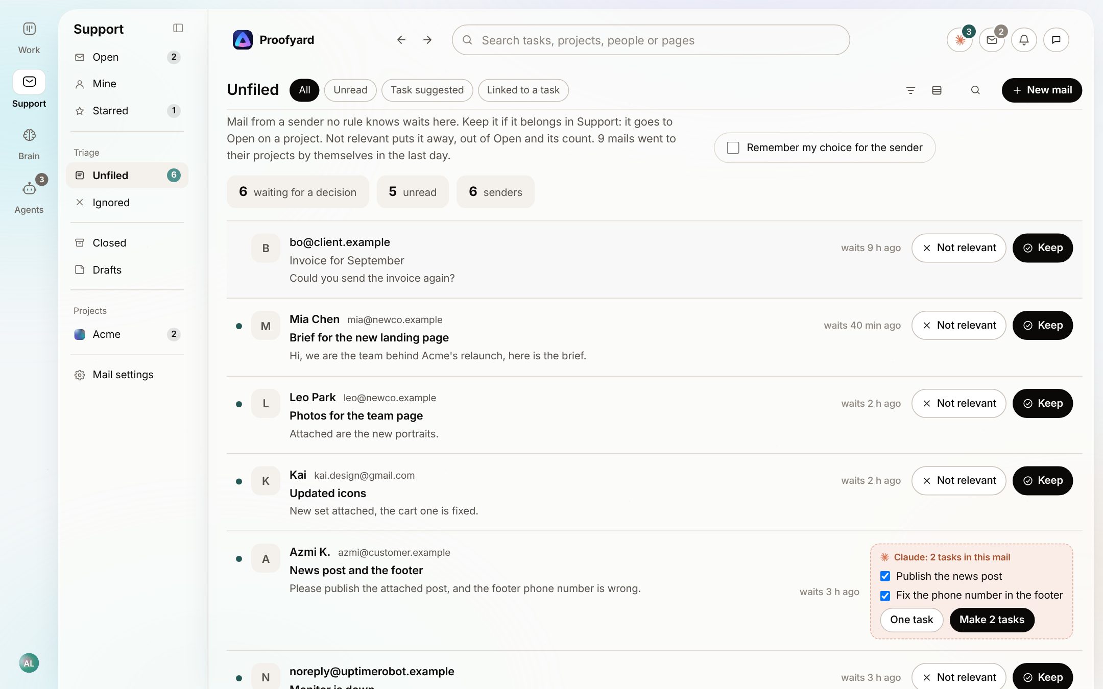 To sort: mails grouped by domain with a suggested project, Accept, a box to send the domain to Acme from now on, and one mail split into two tasks
