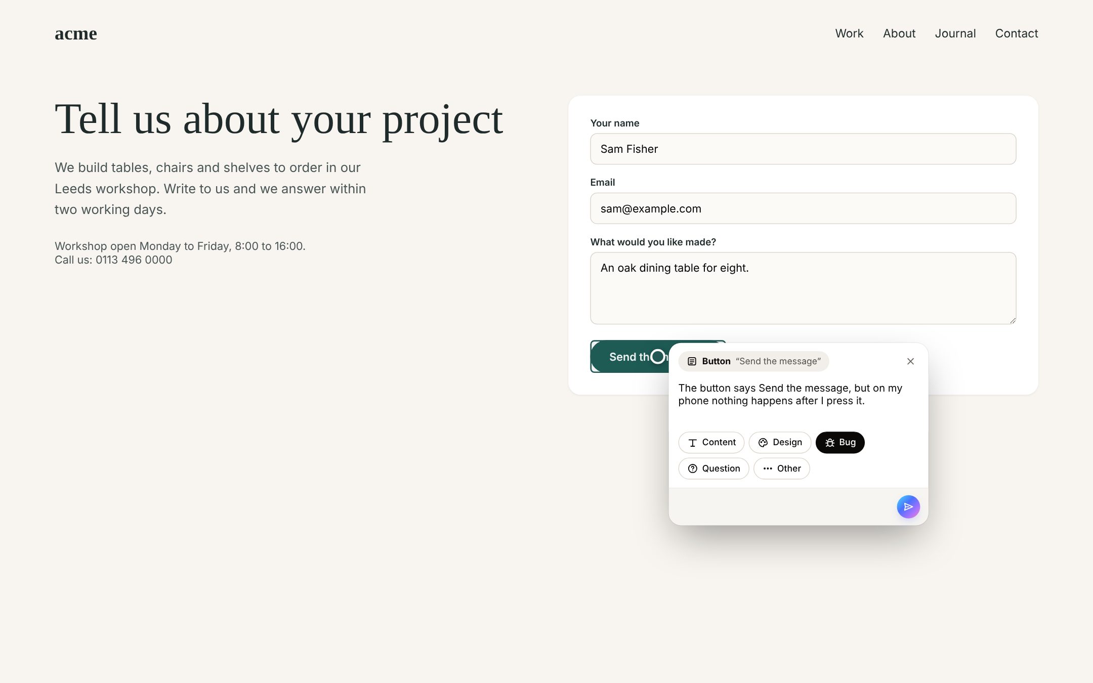 A sample client website with a contact form: the feedback card is open on the Send the message button, the client wrote that nothing happens on their phone and picked Bug