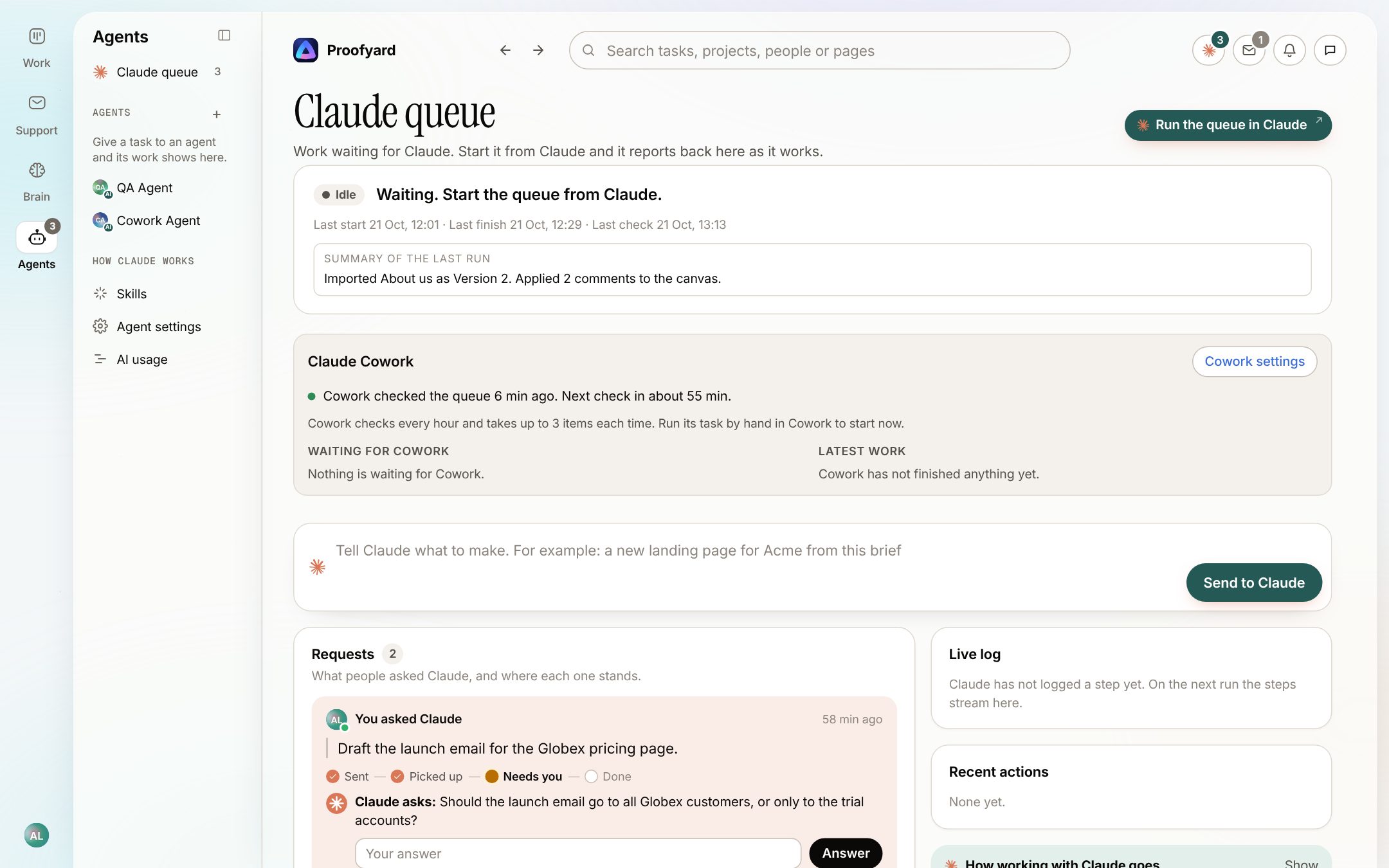 The Claude queue: Cowork checked the queue a few minutes ago, a box to tell Claude what to make, and requests with their steps